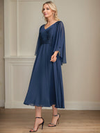 A-Linien-Brautmutterkleid aus Chiffon, V-Ausschnitt, tea-length mit Spitze, Pailletten und Perlen