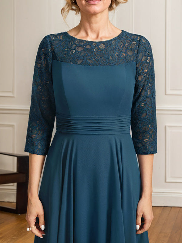 Vestido para madre de la novia línea A con escote redondo ilusión, largo hasta el suelo, encaje y chiffon plisado