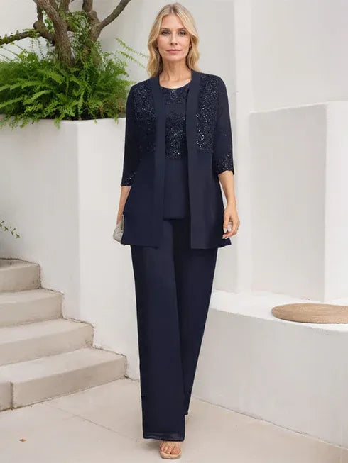 Conjunto de mono/pantalón con escote redondo, largo hasta el suelo, de gasa y encaje para madre de la novia con lentejuelas