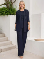 Conjunto de mono/pantalón con escote redondo, largo hasta el suelo, de gasa y encaje para madre de la novia con lentejuelas