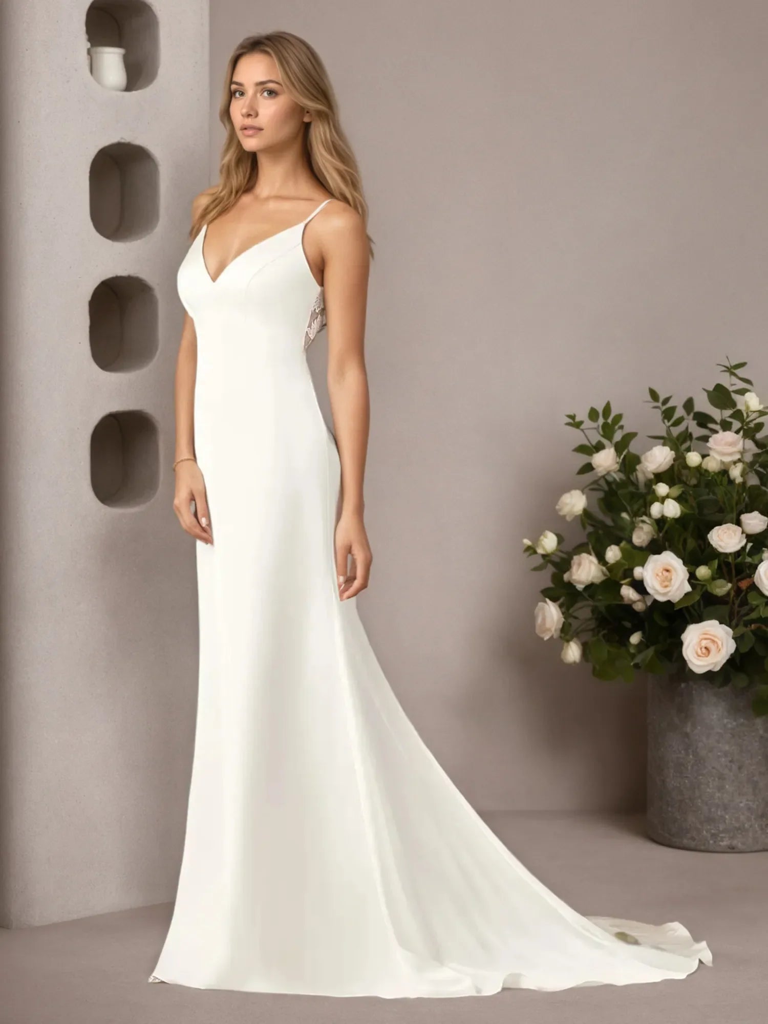 Abito da sposa sirena bianco in pizzo e raso elasticizzato