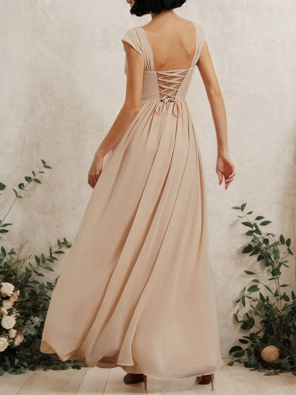 Rosa klassisches Maxikleid mit quadratischem Ausschnitt, ärmellos, A-Linie