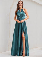 A Line Satin Halter Neck Sleeveless Floor Length Bridesmaid Dress