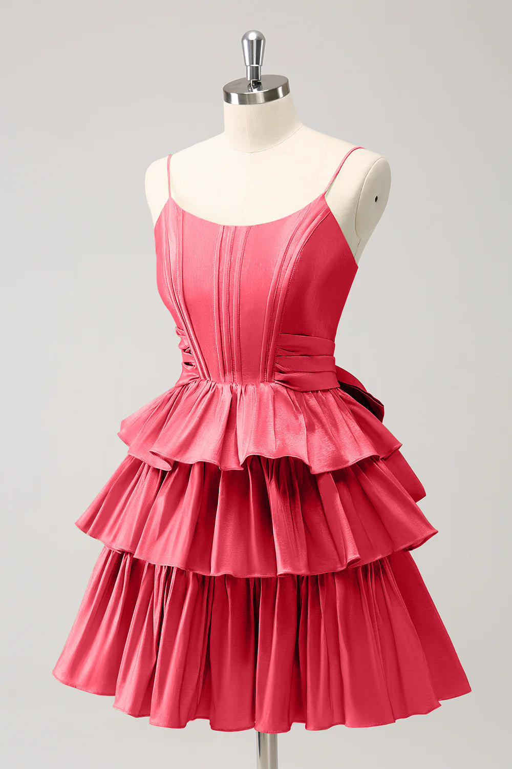 A Line Spaghetti Straps Corset Tiered Ruffle Homecoming Dress with Bow