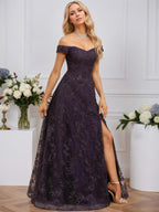 A-line Off the Shoulder Floor-Length Sequin Lace Evening Dress