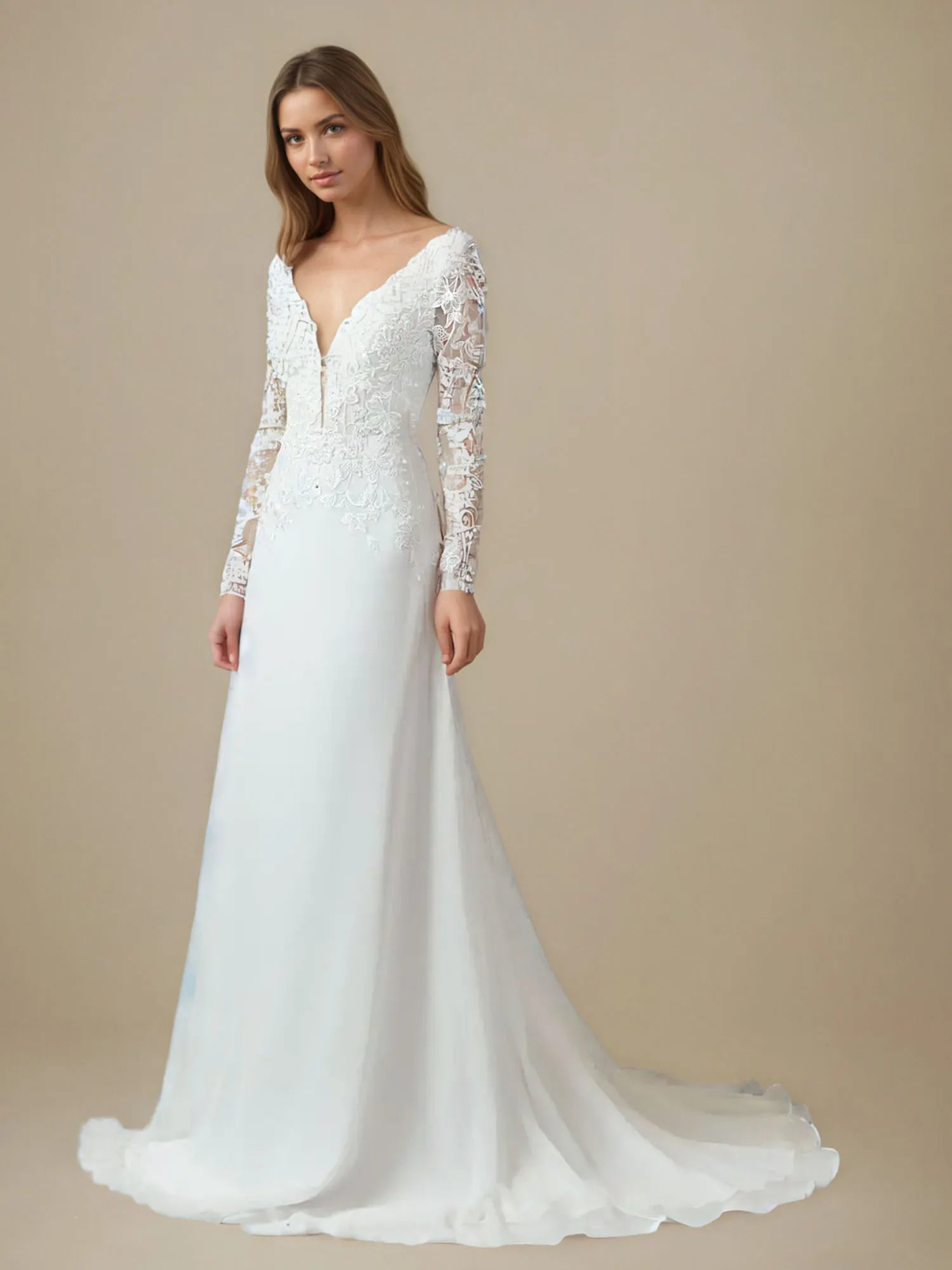 Vestido de novia blanco línea A con escote en V, lentejuelas y gasa