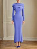 Robe élégante violette à manches longues, col rond, longueur cheville