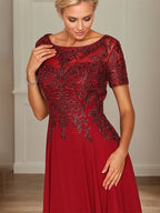 A Line Chiffon Boat Neck Short Sleeves Floor Length Mother of the Bride Dresses