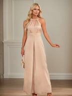 Jumpsuits Neckholder bodenlanges Satin Hochzeitskleid