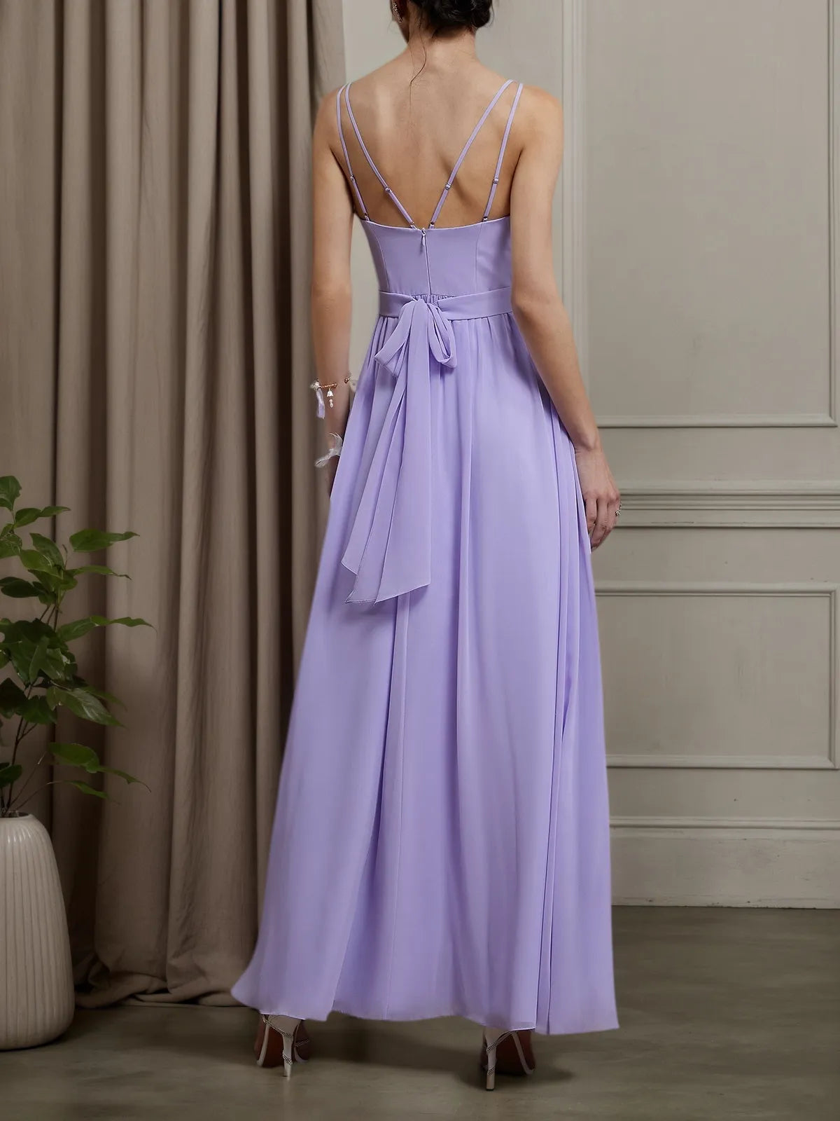Lavendel Lila Chiffon Spaghettiträger A-Linien Kleid Brautjungfernkleid
