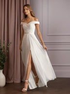 Robe de mariée blanche en mousseline ligne A à épaules dénudées avec paillettes