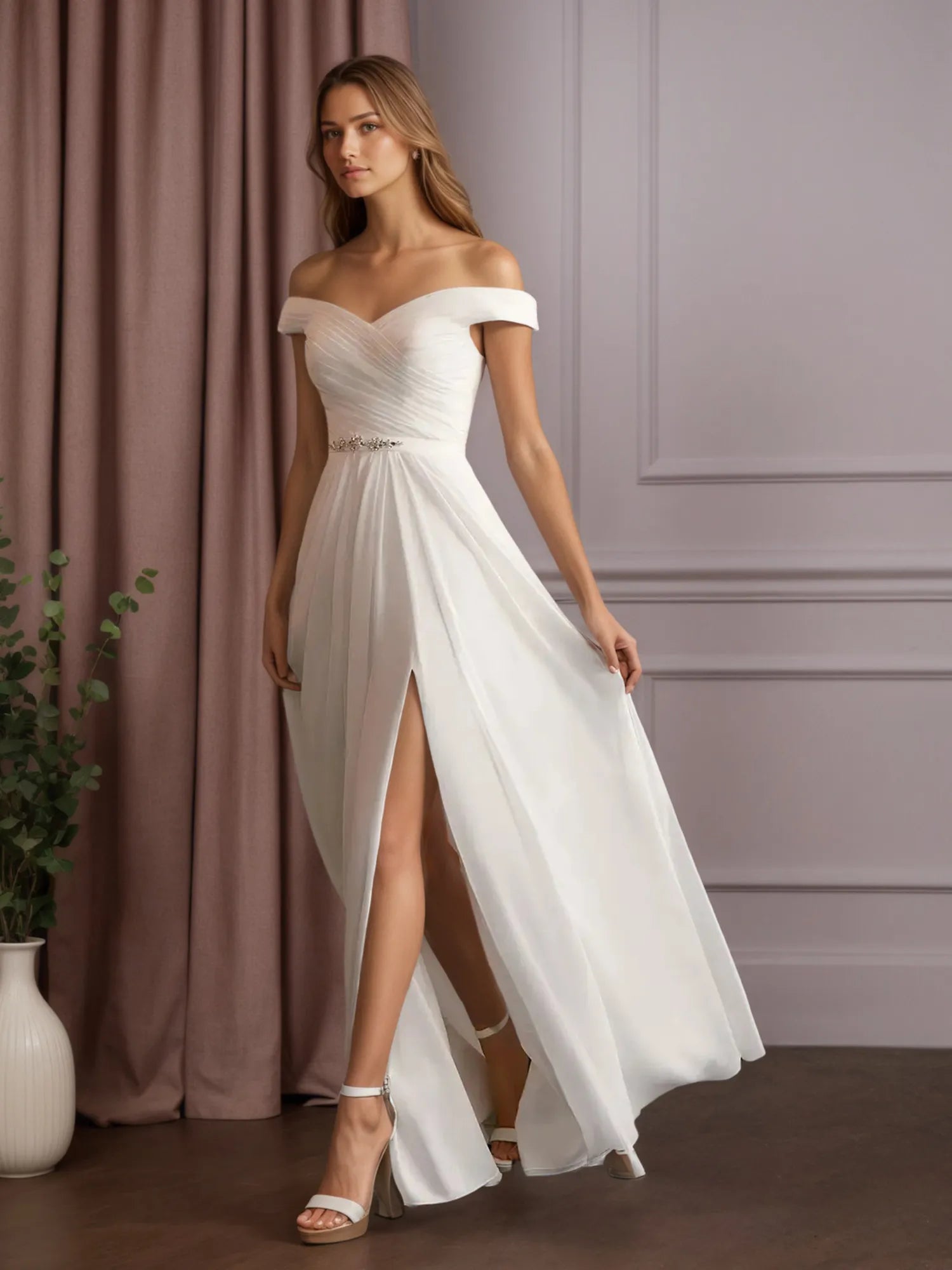 Robe de mariée blanche en mousseline ligne A à épaules dénudées avec paillettes