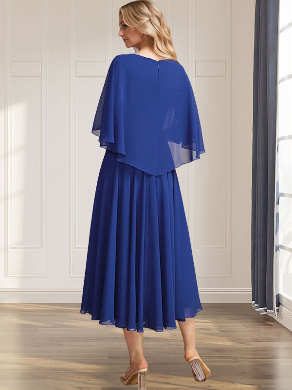 A-Linie V-Ausschnitt Tee-Länge Chiffon Kleid für die Brautmutter mit plissierten Pailletten-Applikationen, Spitze und Perlenstickerei