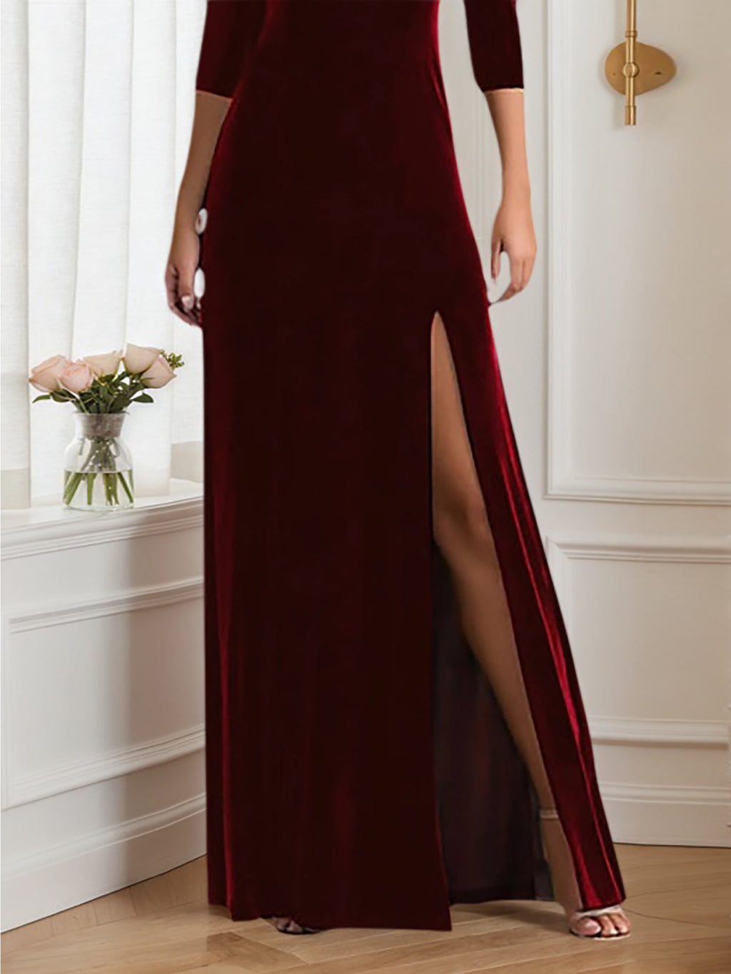 Vestido formal de terciopelo burdeos para madre de la novia, largo maxi con escote cuadrado