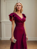 V Neck Ruched Chiffon A Line Mother of the Bride Dress