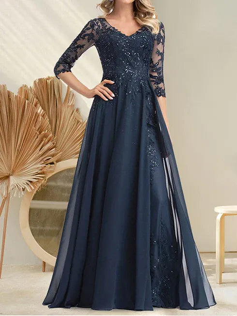 A-Linien V-Ausschnitt Bodenlanges Spitzen-Chiffon Kleid für die Brautmutter mit Pailletten