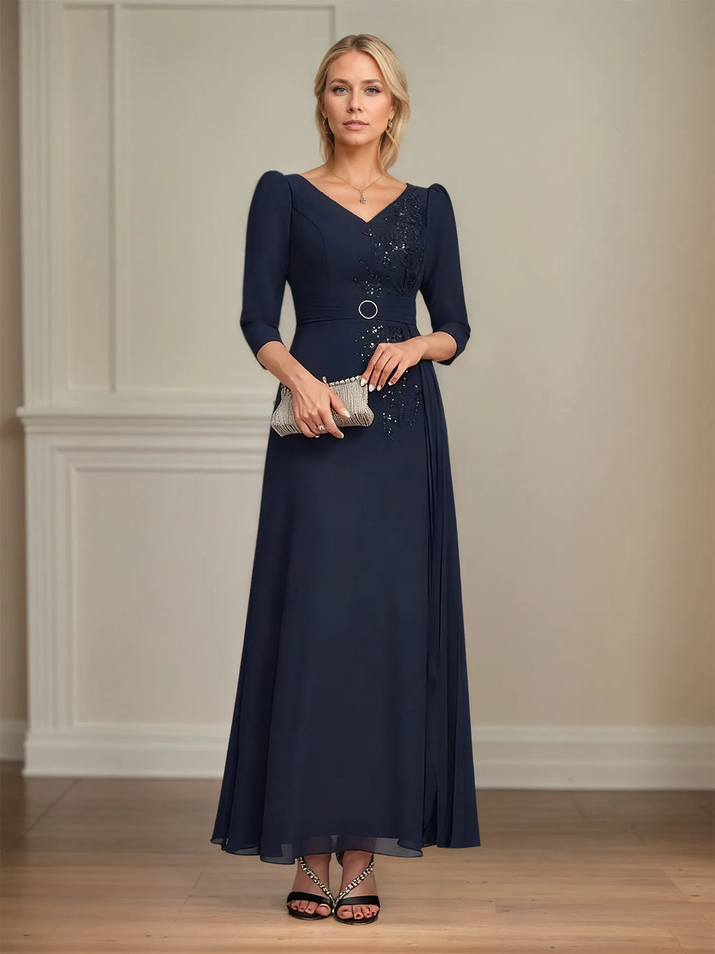 A-Linien Spitzen-Chiffon-Mutter-der-Braut-Kleid mit V-Ausschnitt, knöchellang und plissierten Pailletten