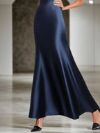 Party-Satin-Kleid marineblau mit V-Ausschnitt, ärmellos, schlicht, Maxilänge