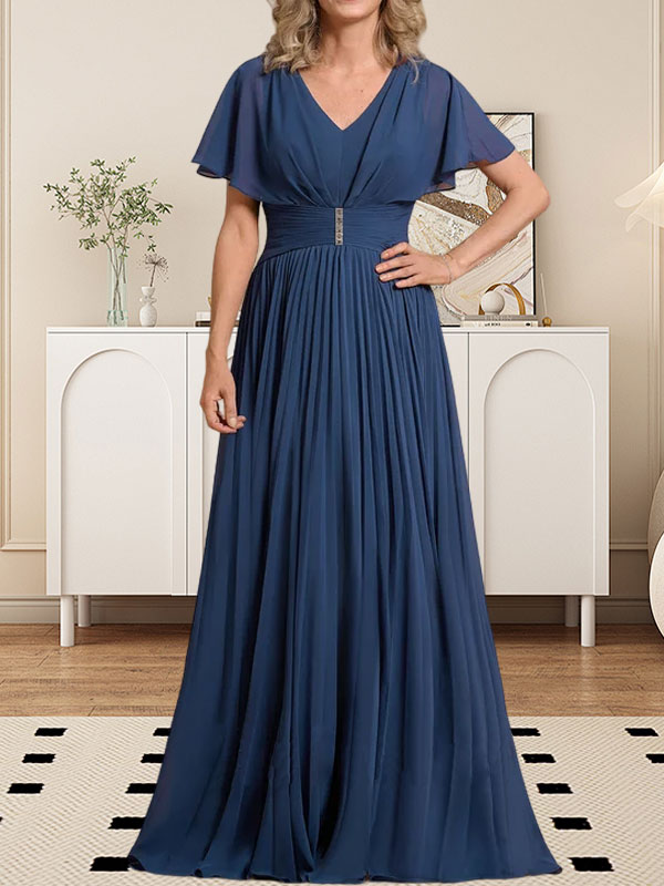 A-Linien V-Ausschnitt Bodenlanges Chiffon Brautmutterkleid mit Kristallbrosche und Plisseefalten