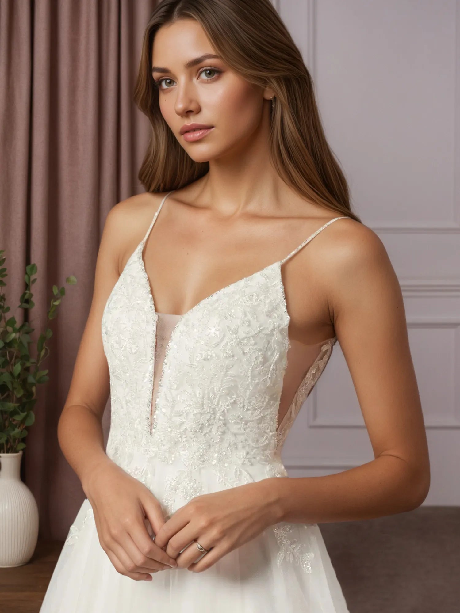 Abito bianco a linea A con scollo a V, paillettes e tulle senza maniche