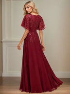 A-line V-Neck Floor-Length Lace Chiffon Evening Dress With Sequins
