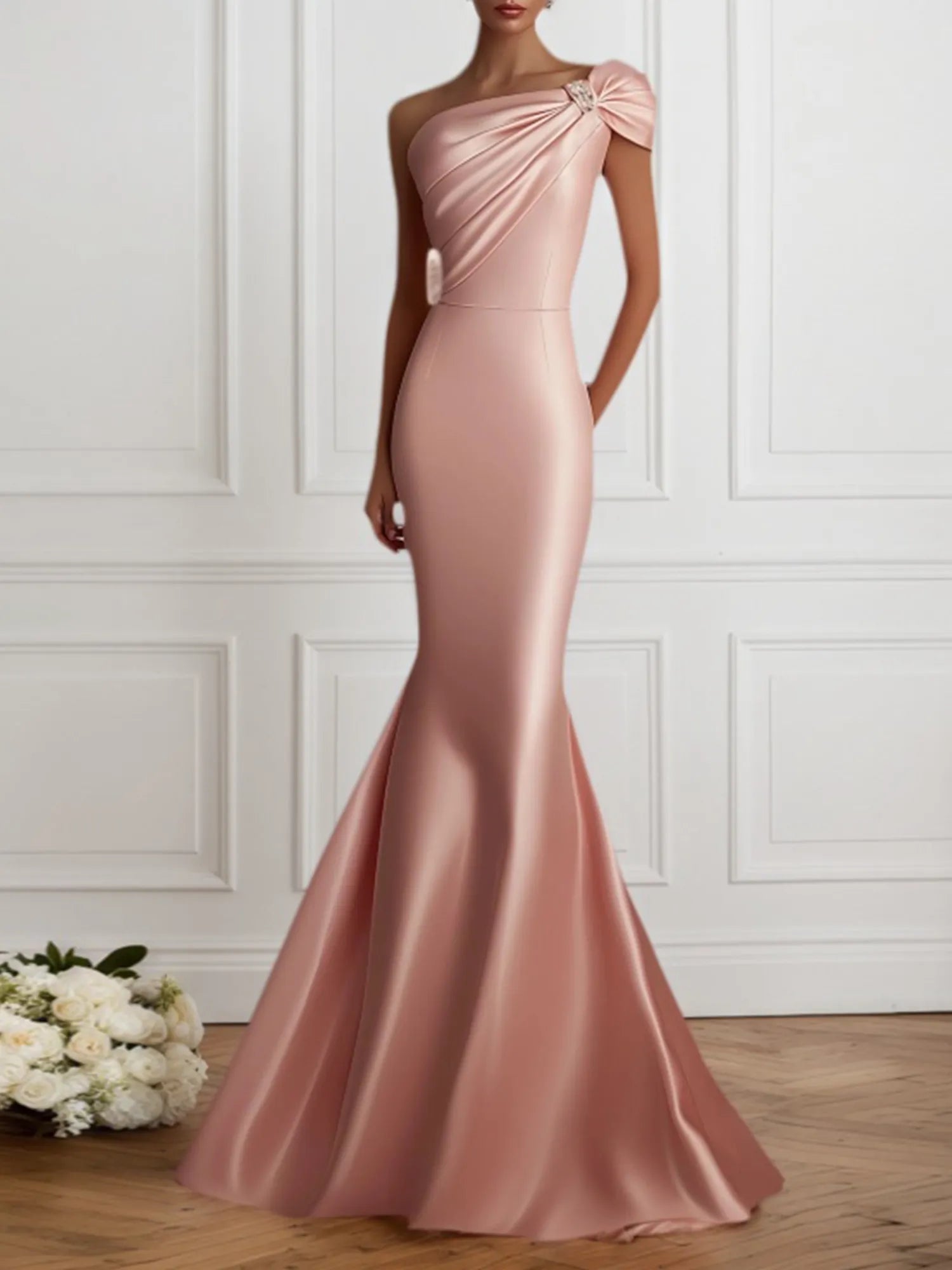 Evening Formal Satin Dress Light Pink One Shoulder Mermaid Maxi Gown