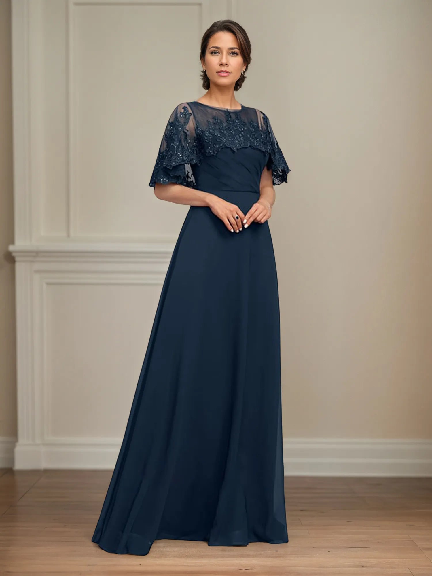 A Line Scoop Floor Length Chiffon Mother of the Bride Dress With Pleated Sequins