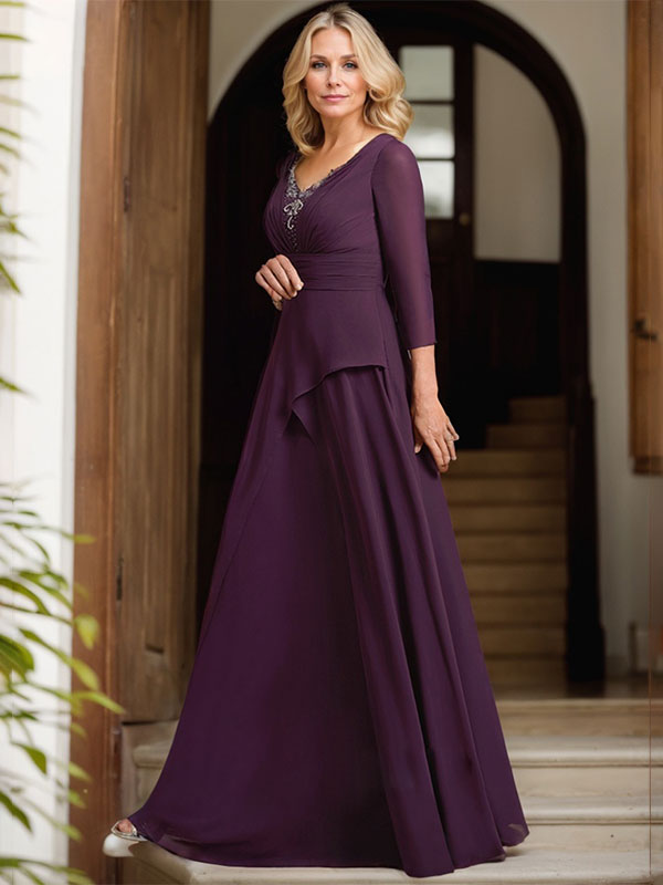 Vestido de madre de la novia línea A con escote en V, largo hasta el suelo, chiffon plisado y bordado
