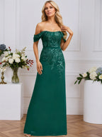 Sheath/Column Off the Shoulder Floor-Length Lace Chiffon Evening Dress With Sequins