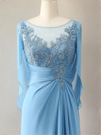 Vestido para madre de la novia trompeta/sirena de gasa con escote redondo, mangas 1/2 y cuentas