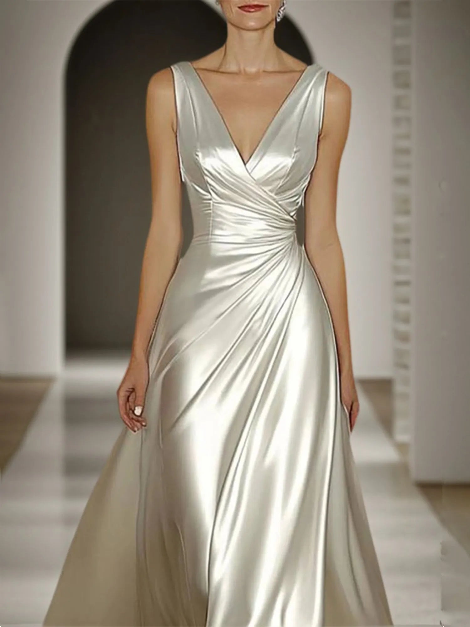 Evening Prom Satin Dress Off-White Sleeveless V-Neck Maxi Dress
