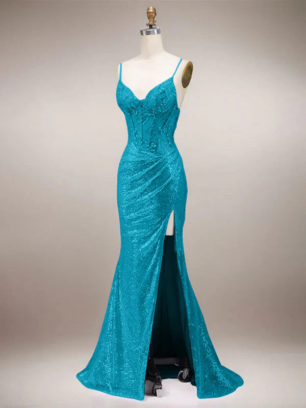 Robe de bal longue sirène verte à bretelles spaghetti scintillantes avec fente