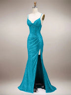 Robe de bal longue sirène verte à bretelles spaghetti scintillantes avec fente