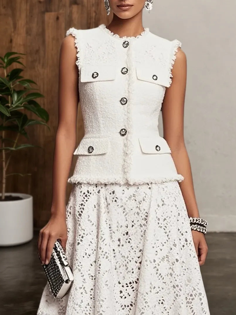 Damen Tweed Weißer Gürtel Tasche Gestepptes Rundhals Ärmelloses Elegantes Mantel-Kleid mit Rock Zweiteiler