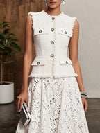 Damen Tweed Weißer Gürtel Tasche Gestepptes Rundhals Ärmelloses Elegantes Mantel-Kleid mit Rock Zweiteiler