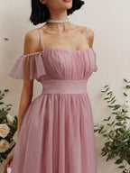 Vestido maxi clásico rosa en línea A con escote hombros descubiertos y mangas cortas