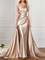 Formal Evening Gown Champagne One Shoulder Satin Maxi Dress