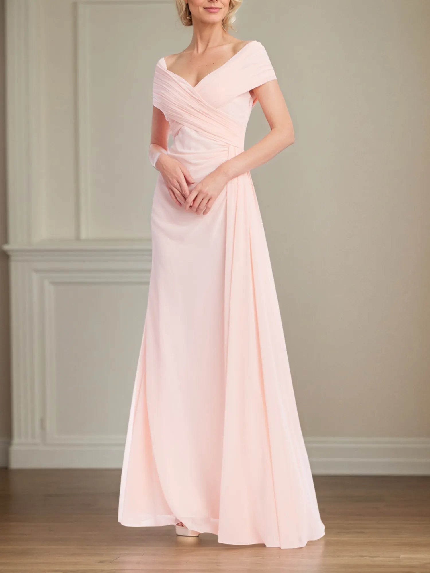 A Line Off the Shoulder Short Sleeve Chiffon Mother of the Bride Dress