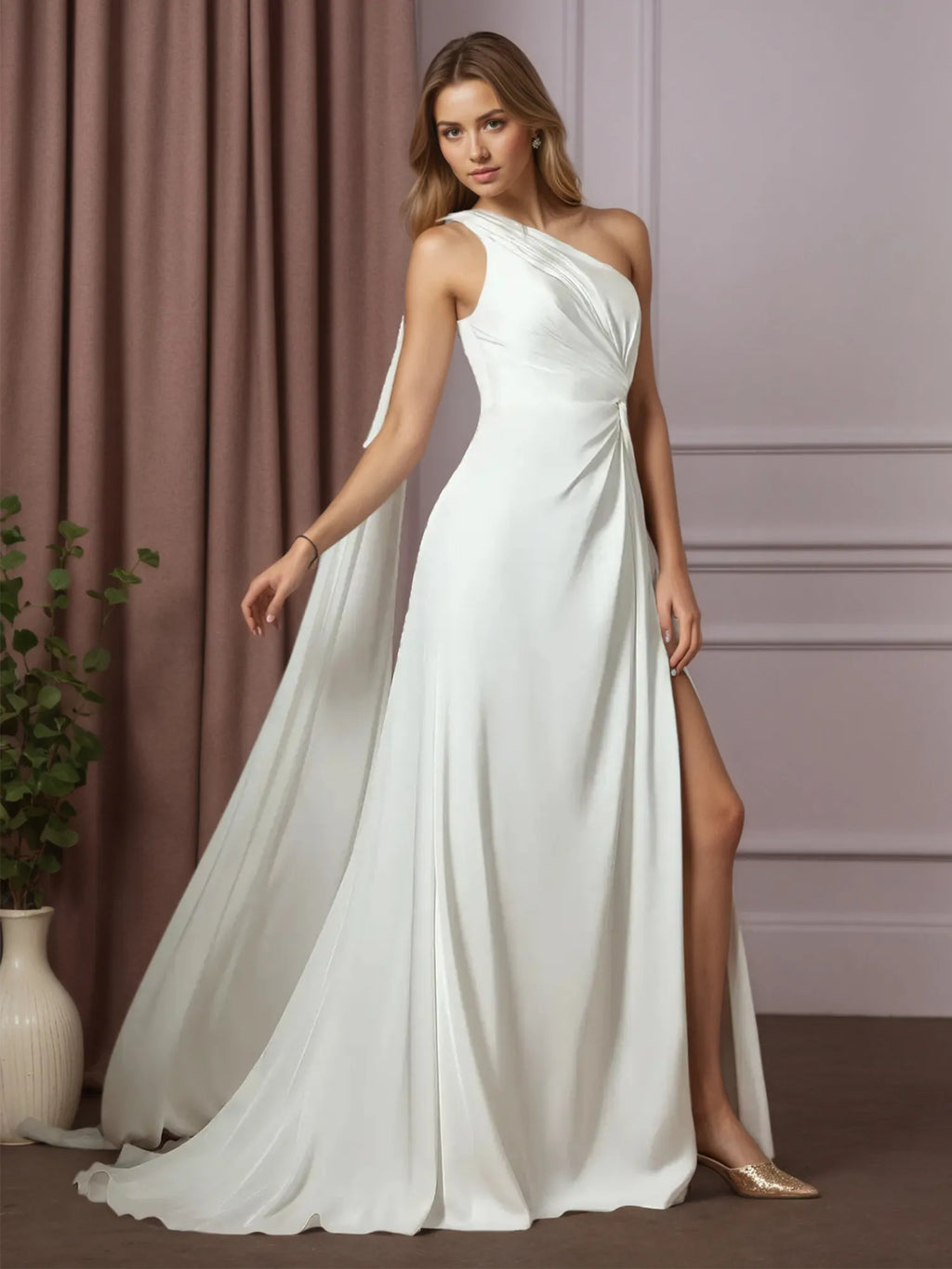 Robe de mariée blanche en satin stretch, coupe A, à une épaule