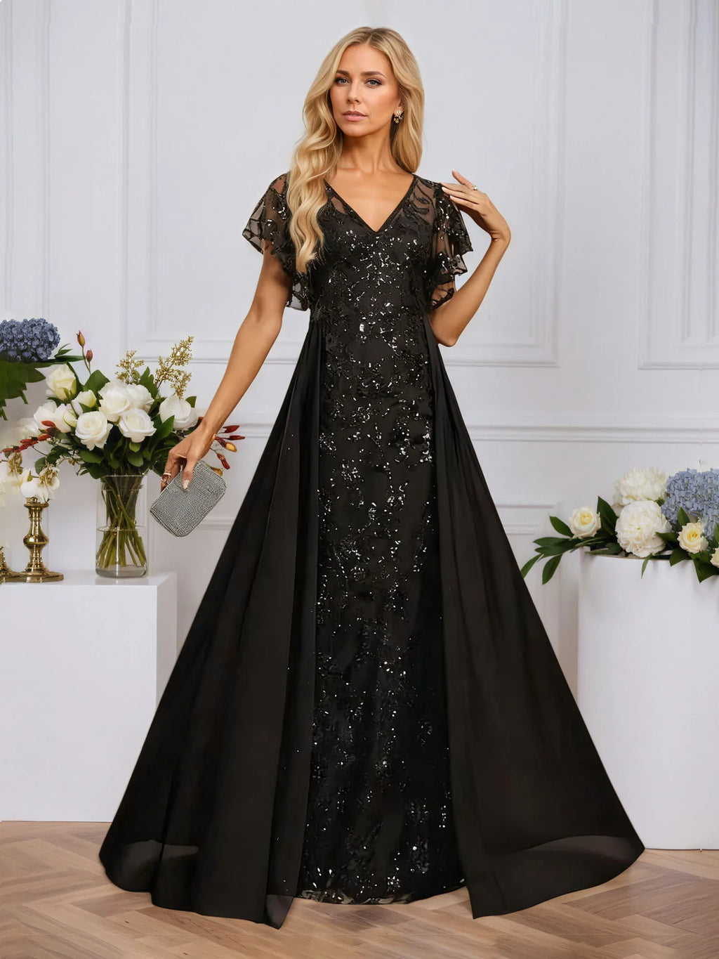 Sheath/Column Illusion V-Neck Floor-Length Sequin Chiffon Lace Evening Dress With Overskirt