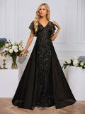Sheath/Column Illusion V-Neck Floor-Length Sequin Chiffon Lace Evening Dress With Overskirt