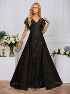 Sheath/Column Illusion V-Neck Floor-Length Sequin Chiffon Lace Evening Dress With Overskirt