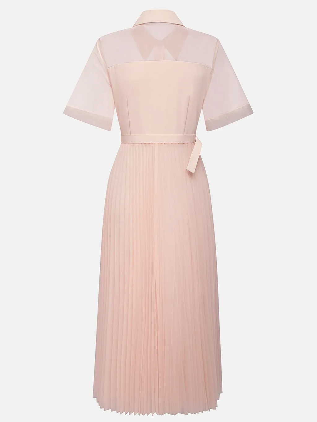 Robe midi plissée rose classique à col chemise et manches courtes ligne A