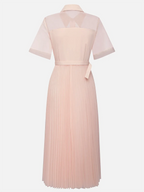 Robe midi plissée rose classique à col chemise et manches courtes ligne A