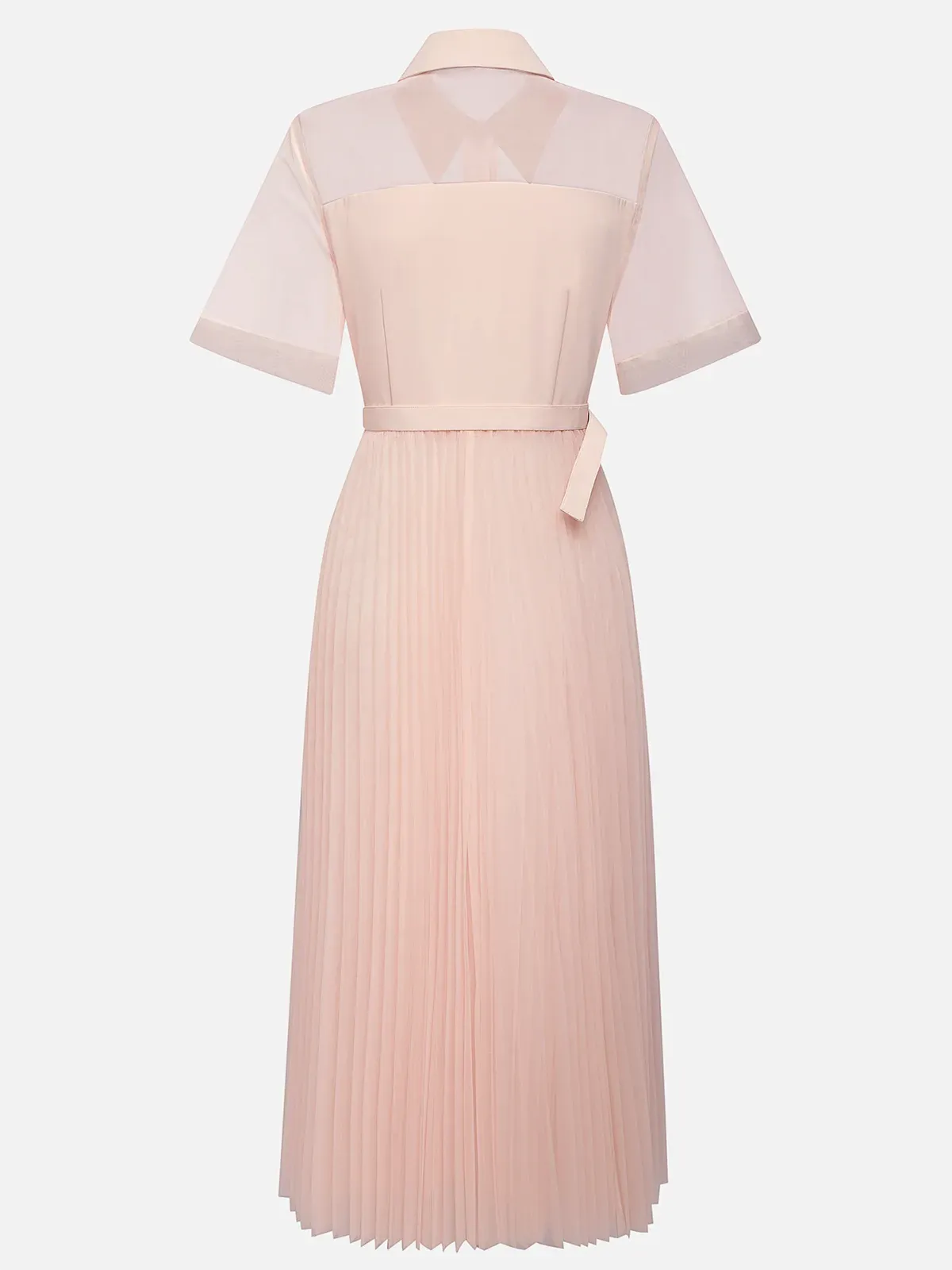 Robe midi plissée rose classique à col chemise et manches courtes ligne A