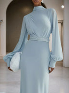 Light Blue Chiffon Mock Neck Long Sleeve Balloon Sleeve A-Line Maxi Dress