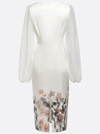 White Mesh Floral V Neck Balloon Sleeve Sheath Midi Satin Dress