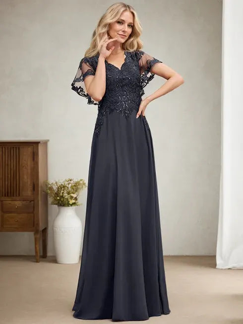 A-Linien V-Ausschnitt Bodenlanges Spitzen-Chiffon Kleid für die Brautmutter mit Pailletten