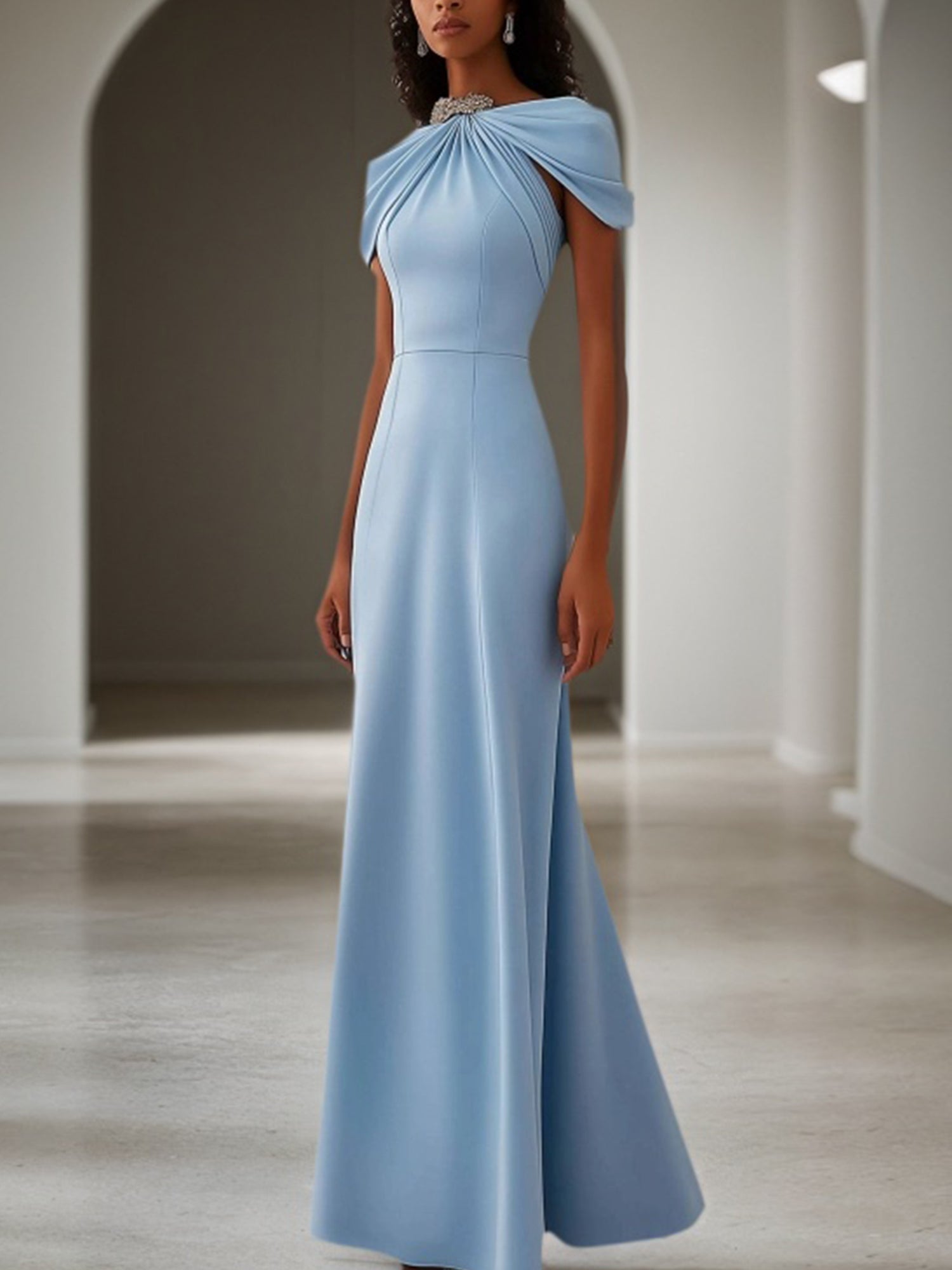 Vestido formal para invitada de boda maxi azul claro con adornos de cristal