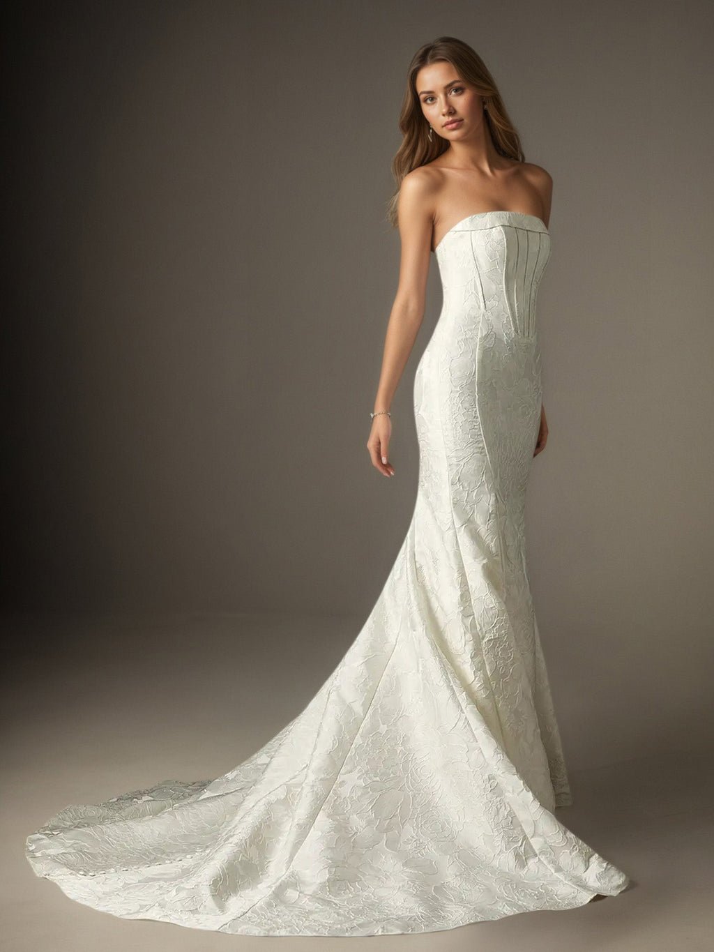 Vestido de novia blanco sirena sin tirantes de jacquard floral